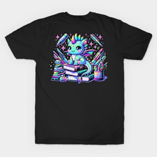 Kawaii Holographic Baby Dragon on Books Chibi Anime T-Shirt